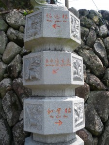 A pillar with the three different town names on it.