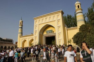 Kashgar's yellow-tiled Id Kah Mosque in Xinjiang, China